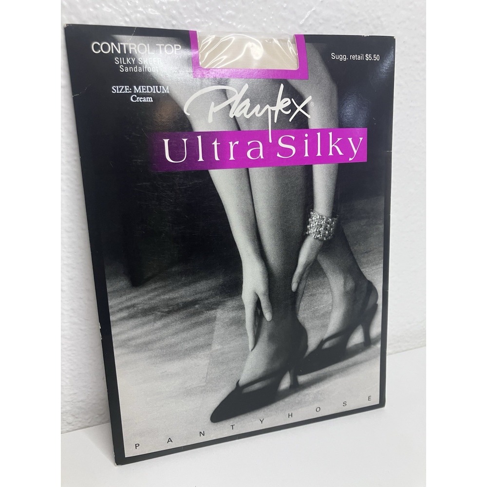 Vintage Playtex Ultra Silky Pantyhose Medium Cream Control Top Sandalfoot 90s